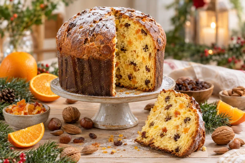 Veganer Panettone mit Puderzucker, kandierten Früchten und Rosinen auf einem Teller
