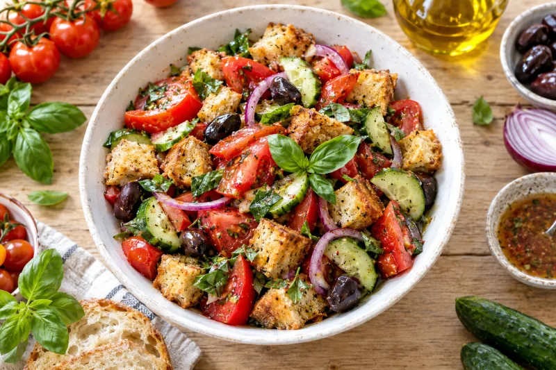 Veganer Panzanella Salat mit Tomaten, Gurke, Zwiebeln und geröstetem Brot in einer weißen Schüssel