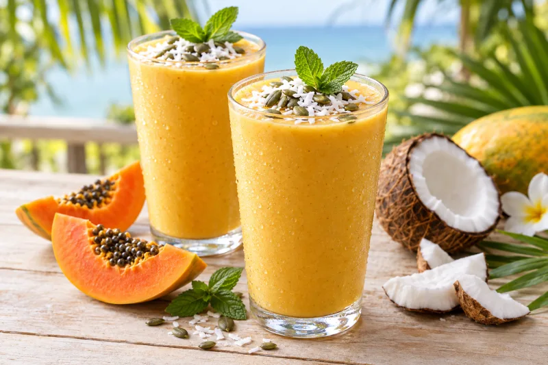 Veganer Papaya-Kokosnuss-Smoothie in zwei Gläsern mit Kokosraspeln und Minze garniert