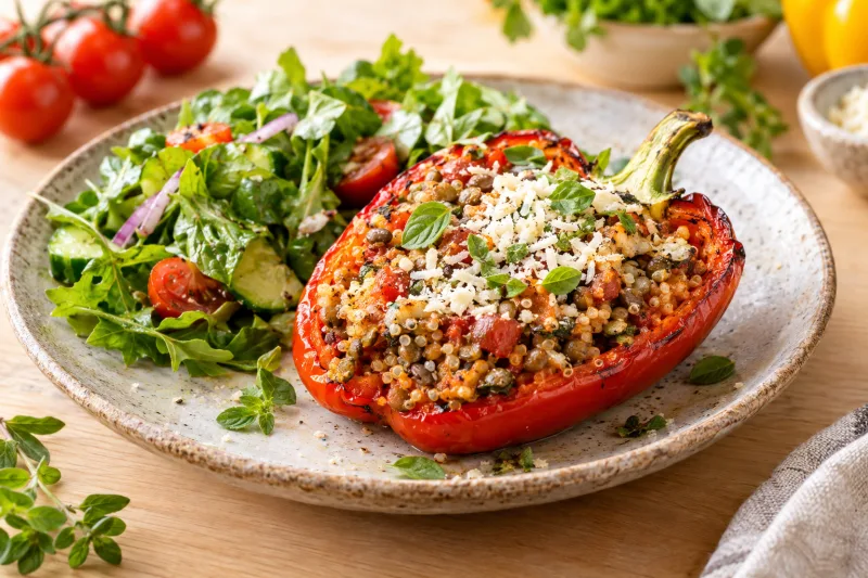 Gefüllte Paprika mit Quinoa auf einem Teller, garniert mit frischen Kräutern