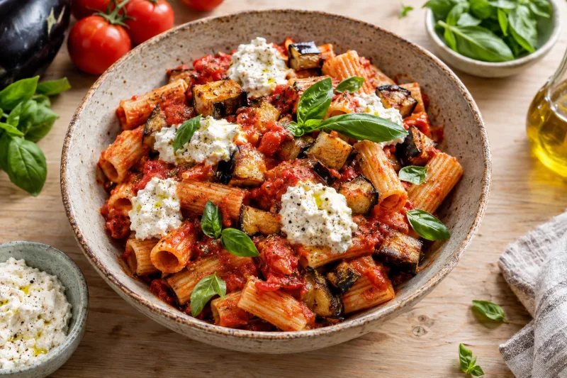 Pasta alla Norma vegan auf einem weißen Teller mit Basilikum und veganem Ricotta garniert, rustikale Holzunterlage