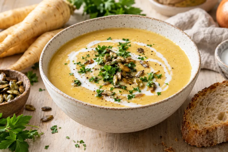 Cremige vegane Pastinakensuppe in einem weißen Teller, garniert mit Petersilie und gerösteten Kürbiskernen, daneben ein Stück Brot