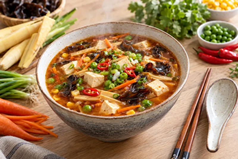 Vegane Pekingsuppe mit Tofu, Pilzen und Bambussprossen, garniert mit Frühlingszwiebeln und Chili.