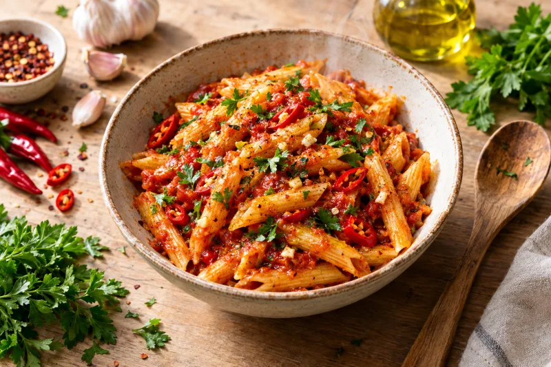 Vegane Penne all'Arrabbiata in einer weißen Schüssel mit roter Tomatensauce, Chiliringen und Petersilie