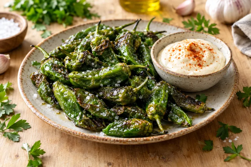 Gebratene Pimientos de Padrón mit veganer Aioli auf einem Teller