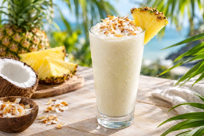 Veganer Pina Colada Smoothie in einem Glas, garniert mit Kokosflocken und Ananas