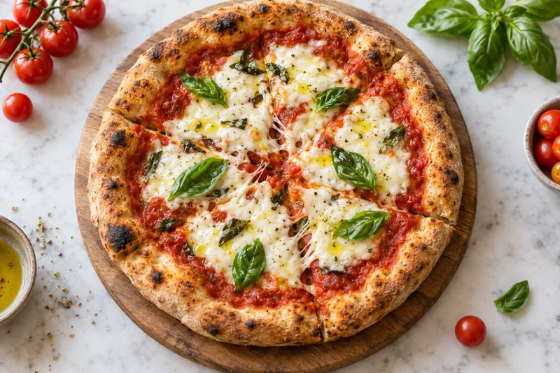 Vegane Pizza Margherita mit geschmolzenem veganen Mozzarella, Tomatensauce und frischem Basilikum auf Holzbrett