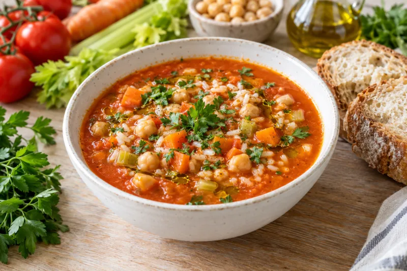 Vegane portugiesische Tomatensuppe mit Reis und Kichererbsen, garniert mit Petersilie