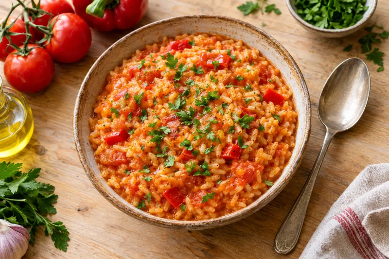 Portugiesischer Tomatenreis vegan in einer Pfanne, cremig, mit frischer Petersilie garniert