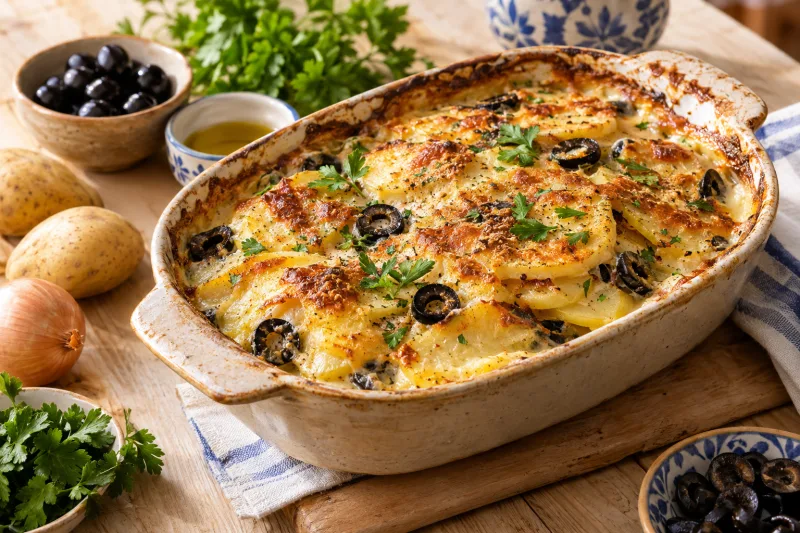 Veganes portugiesisches Kartoffel-Oliven-Gratin in einer Auflaufform, goldbraun gebacken, mit schwarzen Oliven und Kräutern garniert