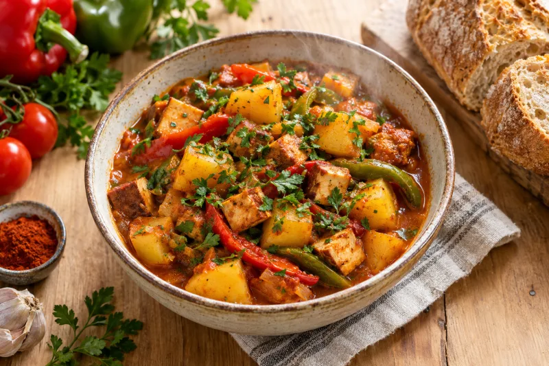 Veganes portugiesisches Kartoffelgulasch mit Tofu und Paprika in einem Topf, garniert mit Petersilie