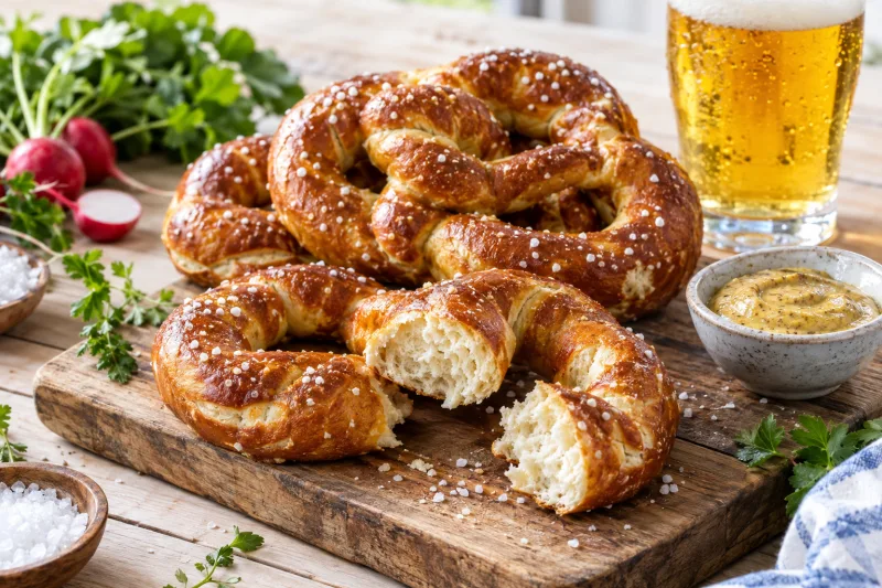 Vegane Brezeln mit goldbrauner Kruste und grobem Salz auf einem Holzbrett, daneben ein Glas Bier.