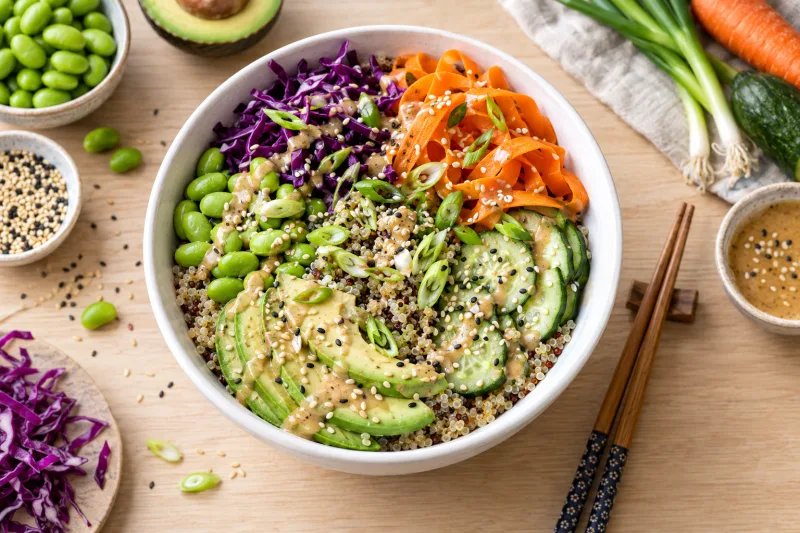 Bunte vegane Quinoa-Bowl mit Edamame, Karotten, Rotkohl, Avocado und Sesam-Ingwer-Dressing in einer Keramikschüssel.