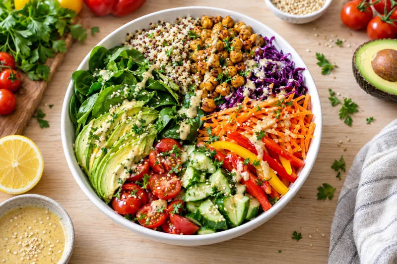 Bunte vegane Rainbow Salad Bowl mit Quinoa, Kichererbsen, Avocado und frischem Gemüse