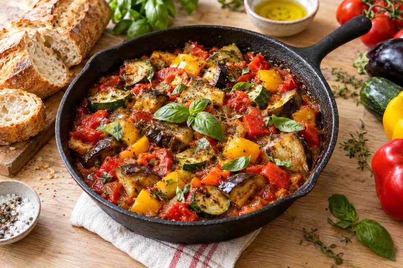 Ratatouille in einer gusseisernen Pfanne, garniert mit frischem Basilikum