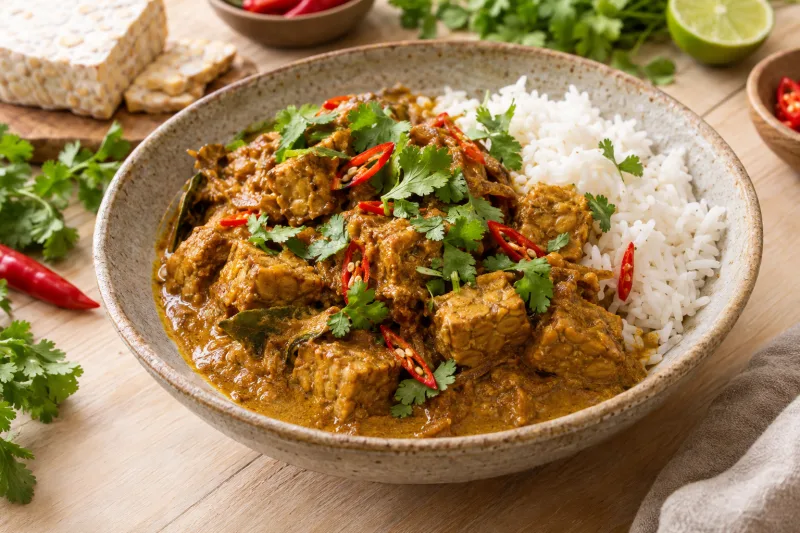 Veganes Rendang Curry mit Tempeh und cremiger Sauce, serviert mit Reis und Koriander.