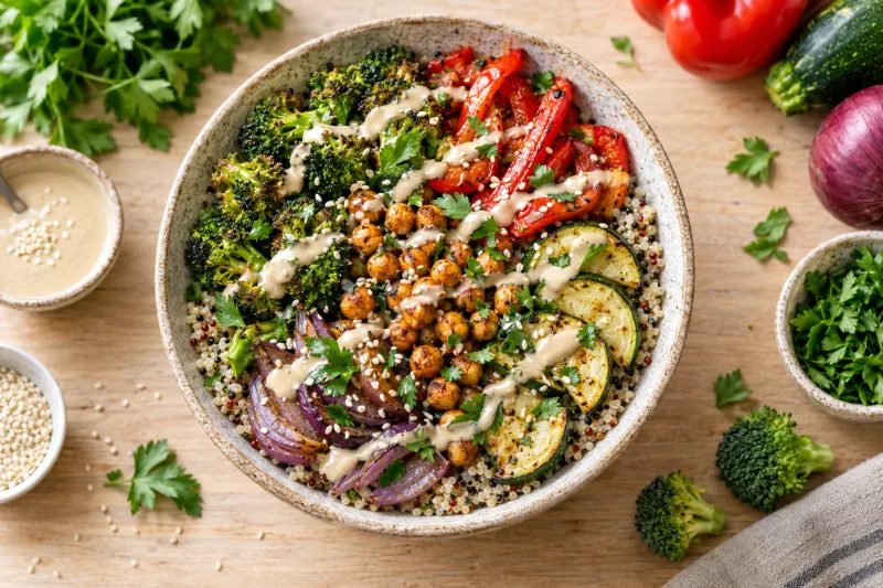 Vegane Roasted Veggie Bowl mit geröstetem Gemüse, Kichererbsen, Quinoa und Tahini-Dressing