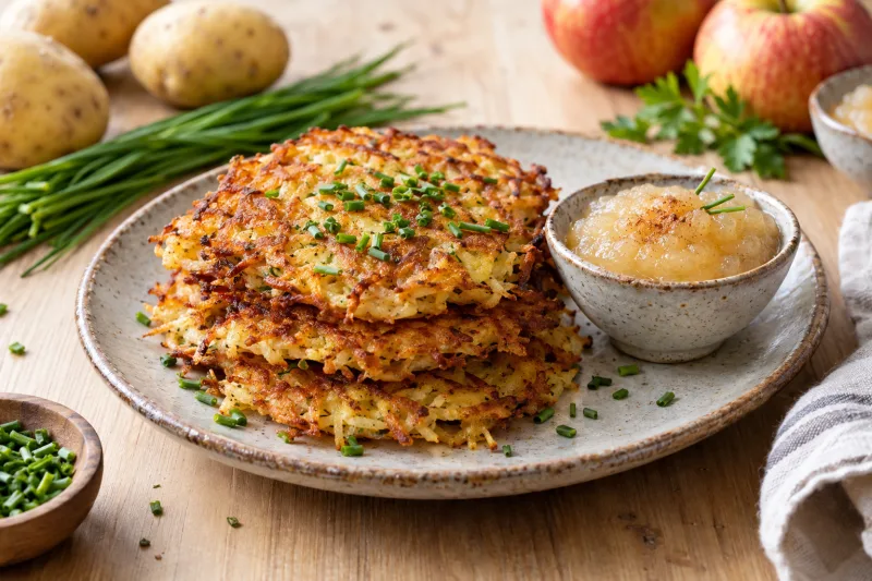 Vegane Rösti auf einem Teller, goldbraun und knusprig, garniert mit frischen Kräutern und einem Klecks Apfelmus
