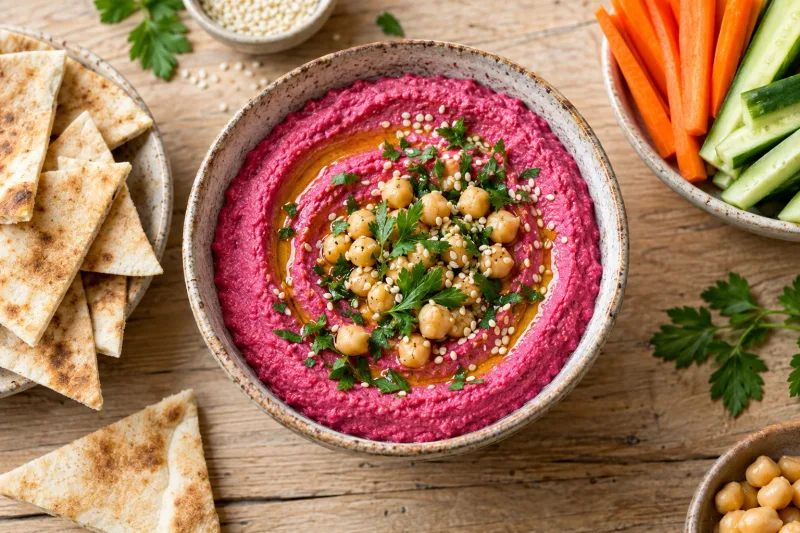 Cremiger veganer Rote-Bete-Hummus in einer Schale, garniert mit Kichererbsen, Sesam und Petersilie, dazu Fladenbrot.
