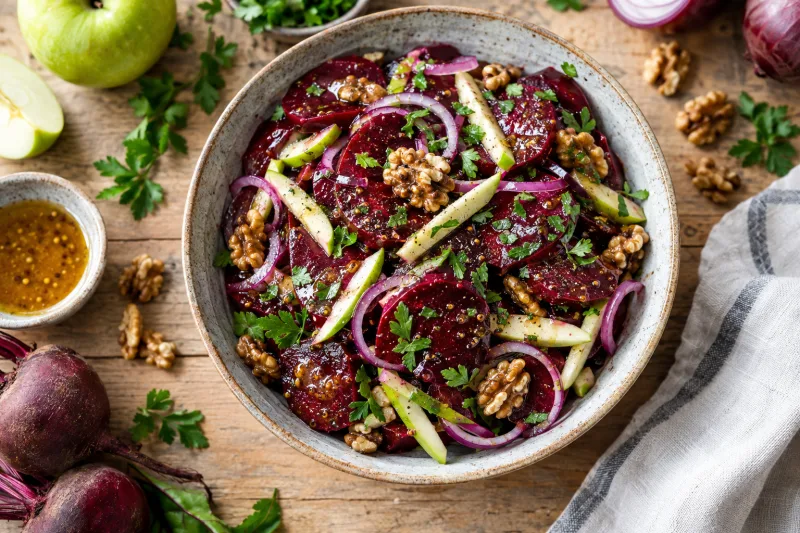 Rote-Bete-Salat mit Apfel, Zwiebeln und Walnüssen in einer Schüssel