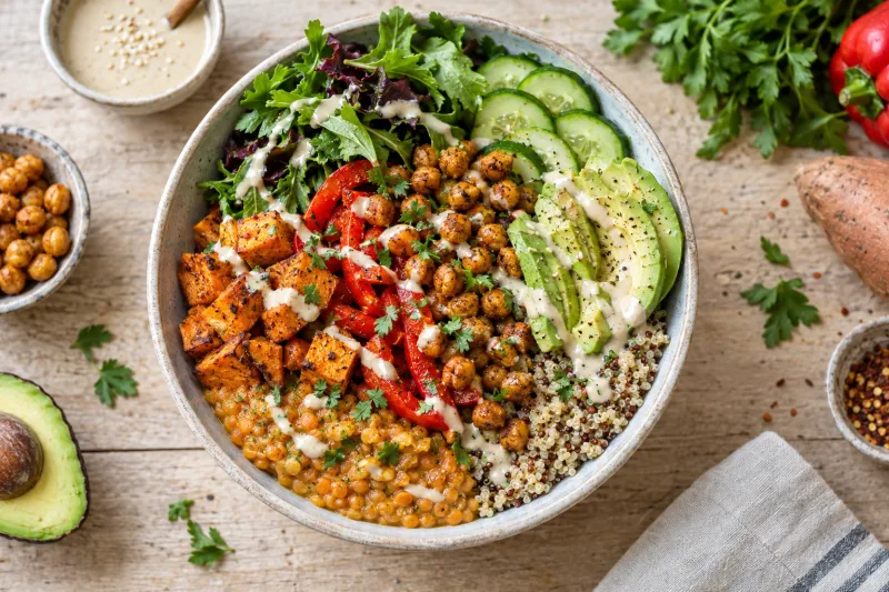 Vegane Rote-Linsen-Bowl mit Quinoa, geröstetem Gemüse, Kichererbsen, Avocado und Tahini-Dressing in einer Schale