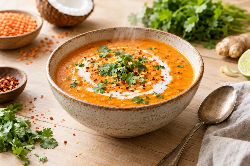 Dampfende Schüssel mit roter Linsen-Kokos-Suppe, garniert mit Koriander und Kokosflocken