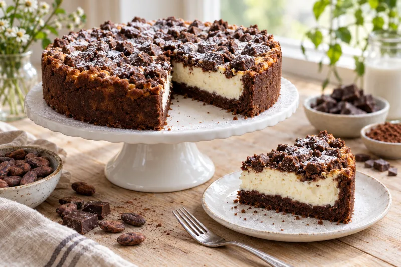 Veganes Russischer Zupfkuchen Stück mit dunkler Streuseldecke und cremiger Füllung auf Teller