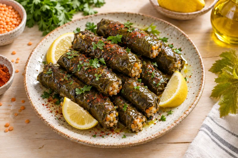 Vegane Sarma – gefüllte Weinblätter mit Reis-Linsen-Füllung auf Teller mit Zitronenspalten