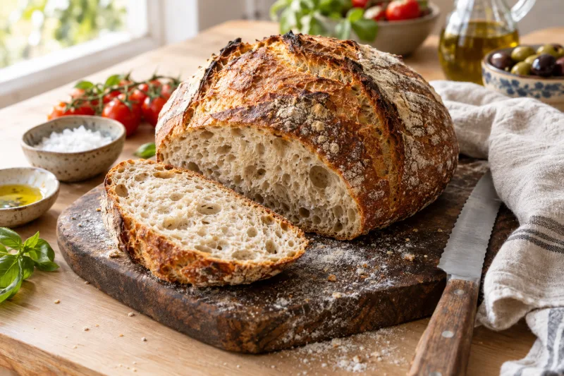 Veganes Sauerteigbrot mit goldbrauner Kruste, aufgeschnitten, auf Holzbrett
