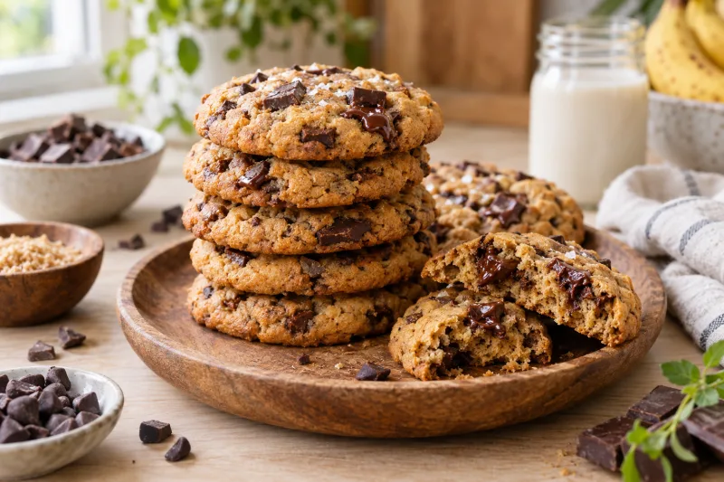 Vegane Schoko-Chip-Kekse auf einem Teller, goldbraun mit geschmolzenen Schokostückchen