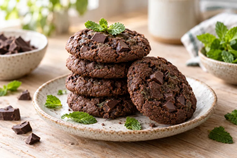 Vegane Schoko-Minz-Kekse auf einem Teller, dunkle Kekse mit Schokoladenstückchen und Minzblättern dekoriert