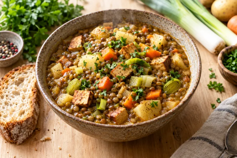 Schwäbischer Linseneintopf vegan mit Räuchertofu, Kartoffeln und Gemüse in einem tiefen Teller, garniert mit Petersilie