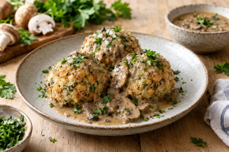 Vegane Semmelknödel auf einem Teller mit Pilzsoße und frischer Petersilie angerichtet