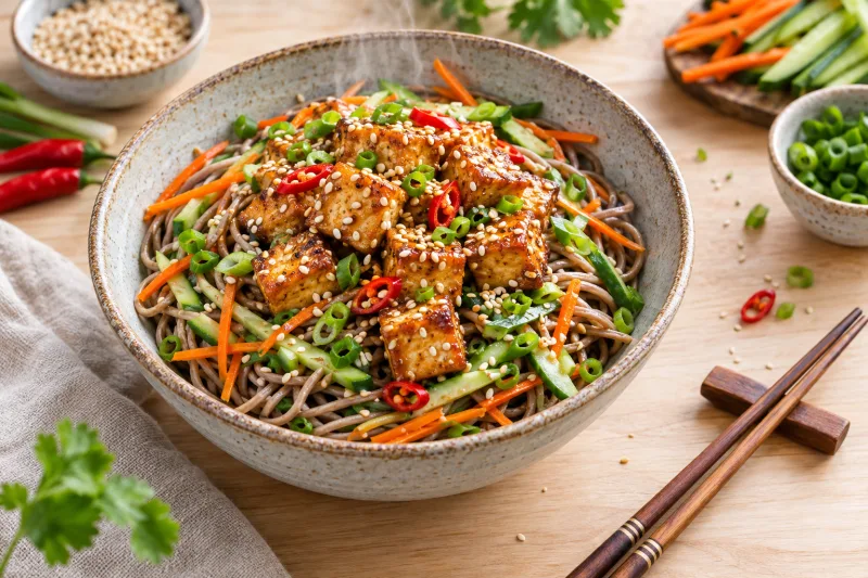 Bowl mit Soba-Nudeln, goldbraunem Sesam-Tofu, Karotten- und Gurkenstreifen, bestreut mit Sesam und Frühlingszwiebeln