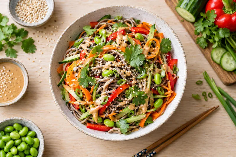Veganer Soba-Nudelsalat mit buntem Gemüse und Sesam in einer Schale, von oben fotografiert.