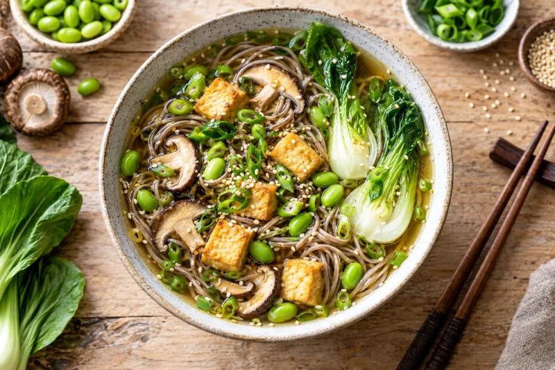 Vegane Soba-Nudelsuppe mit Tofu, Edamame, Pilzen und Pak Choi in einer Schüssel