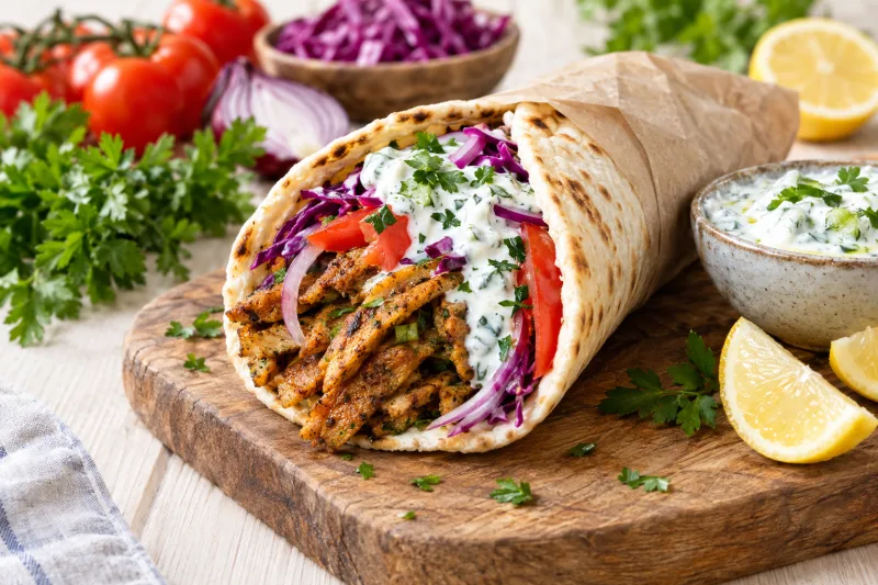 Veganes Soja-Gyros im Fladenbrot mit Tzatziki, Tomaten und Rotkohl auf einem Teller angerichtet.