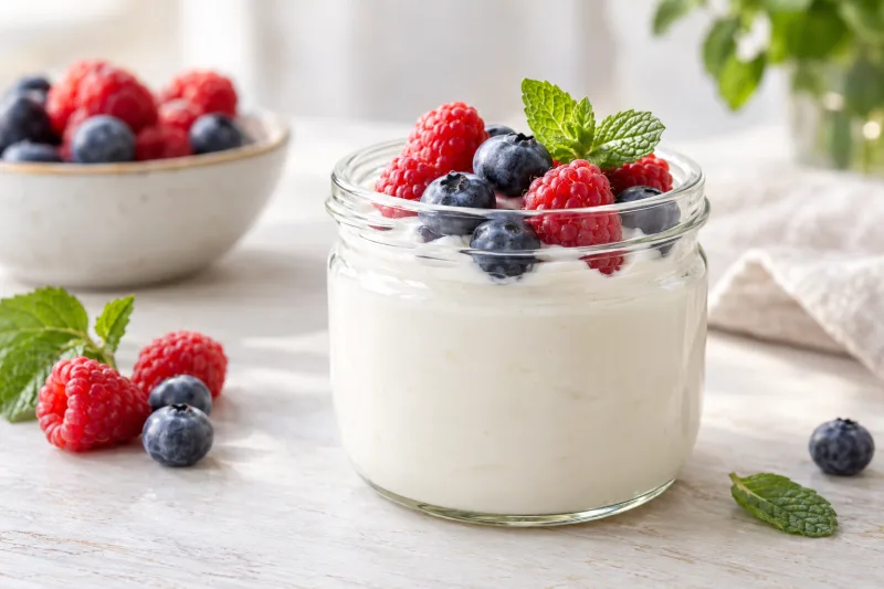 Selbstgemachter Soja-Joghurt in Gläsern mit frischen Beeren und Minze
