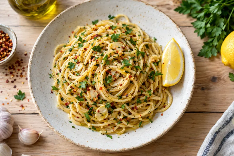 Spaghetti aglio e olio vegan auf weißem Teller mit Knoblauch, Petersilie und Chiliflocken