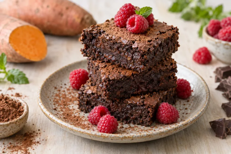 Vegane Süßkartoffel-Brownies auf einem Teller, mit dunkler Schokoladenglasur und frischen Beeren garniert, Nahaufnahme.