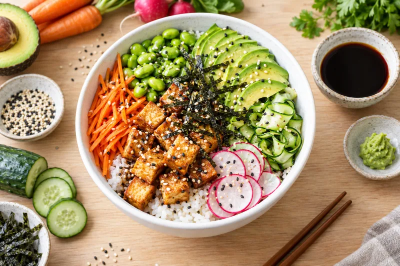 Vegane Sushi Bowl mit buntem Gemüse, Tofu und Nori-Streifen in einer Schüssel