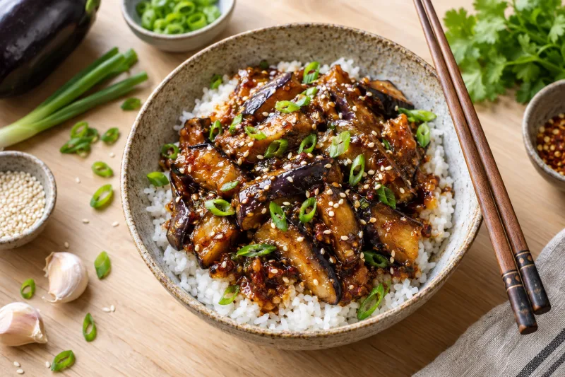 Szechuan Auberginen in glänzender Sauce mit Reis, Frühlingszwiebeln und Sesam