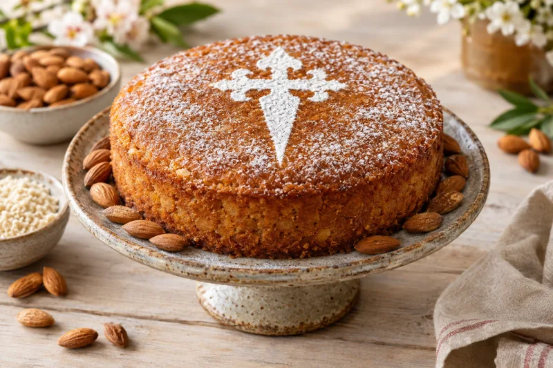 Vegane Tarta de Santiago mit Puderzucker-Kreuz auf einer Kuchenplatte, angeschnitten, umgeben von Mandeln.