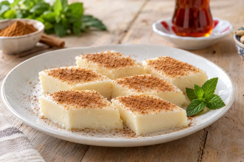 Veganer Tavuk Göğsü in Rauten geschnitten auf einem Teller, mit Zimt bestreut, daneben eine Gabel und frische Minze.