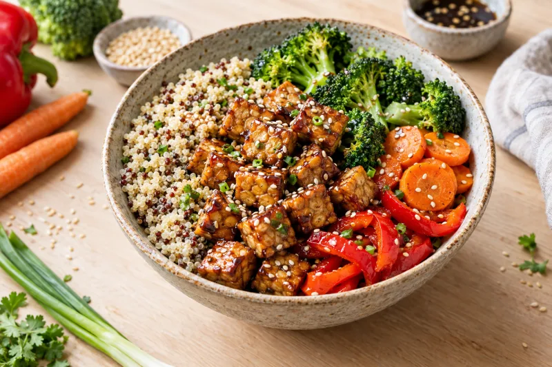 Vegane Tempeh-Bowl mit Quinoa und buntem Gemüse, garniert mit Sesamsamen, in einer Schüssel