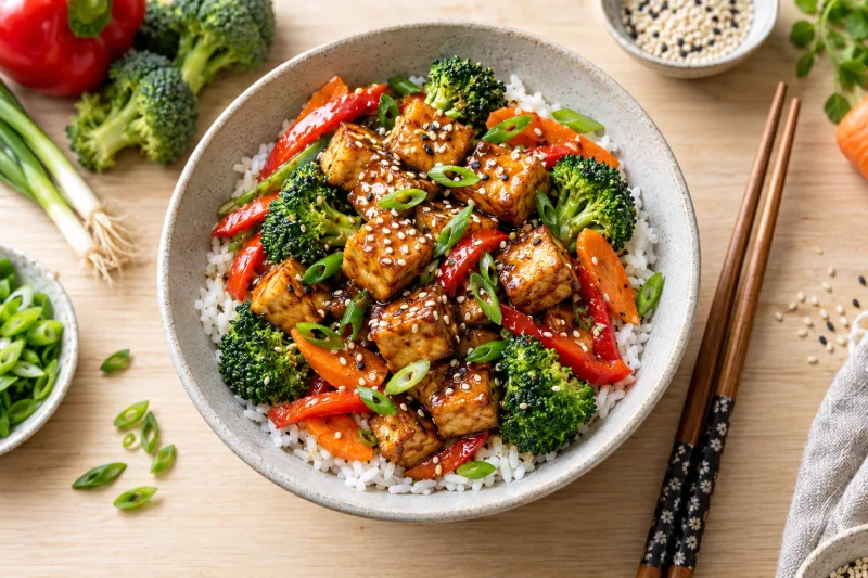 Teriyaki Tofu Bowl mit knusprigem Tofu, buntem Gemüse und Sesam auf Jasminreis