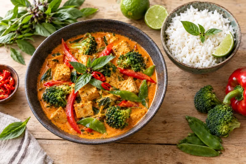 Veganes Thai-Curry mit Kokosmilch, Gemüse und Tofu, serviert mit Jasminreis und frischem Basilikum