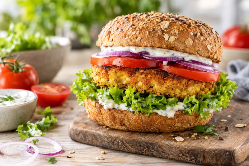 Veganer Tofu-Burger mit goldbraunem Patty, Salat, Tomate und Zwiebeln auf Holzbrett