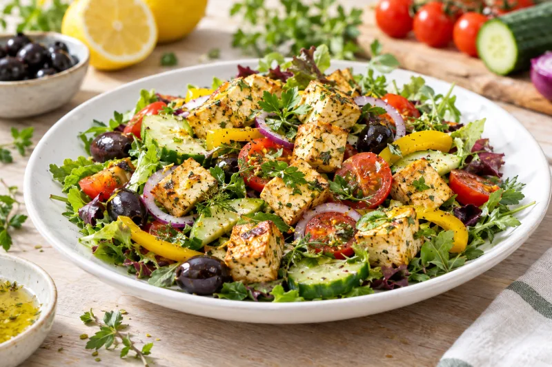 Veganer Tofu-Feta-Salat mit gebackenen Tofuwürfeln, Tomaten, Gurke, Oliven und Blattsalat auf einem Teller.