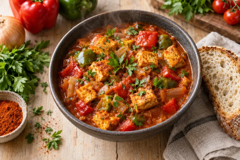 Cremiges veganes Tofu-Gulasch mit Paprika und Tomatensauce in einem gusseisernen Topf, garniert mit frischer Petersilie.